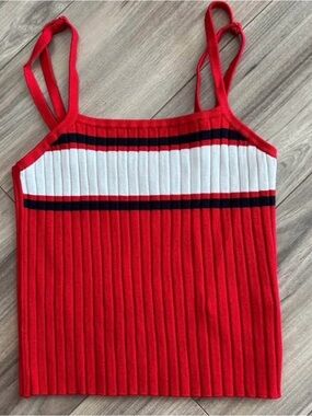 Red Ribbed Strappy Tank with White & Black Stripe